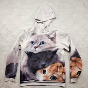 White Pullover Hoodie w/ 3 Cat 3D graphic print size S
